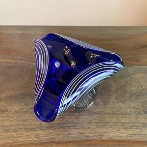Glass Art Trinket Dish Ashtray Cobalt Blue White Lines Vintage Wavy Lines.
